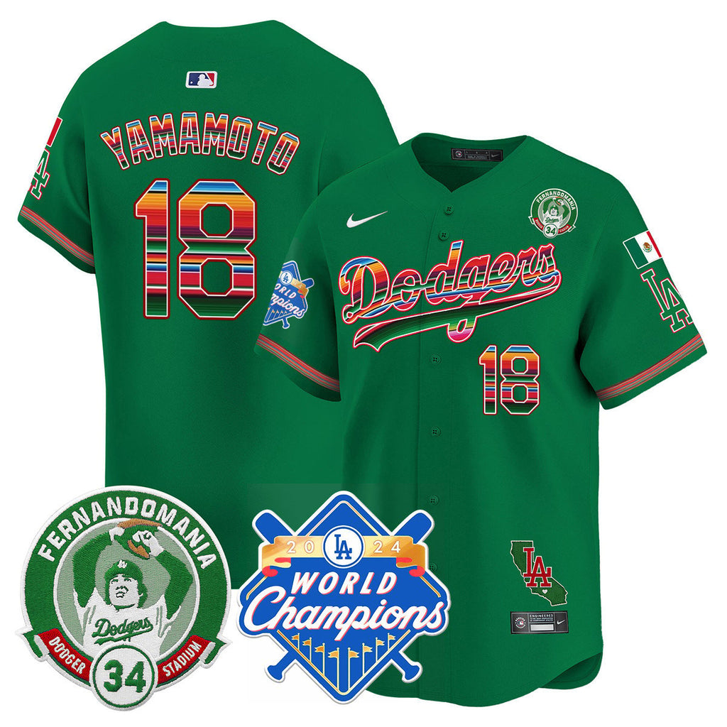 Dodgers Mexico Fernando Memorial & 2024 World Series Champions Patch Jersey - Stitched