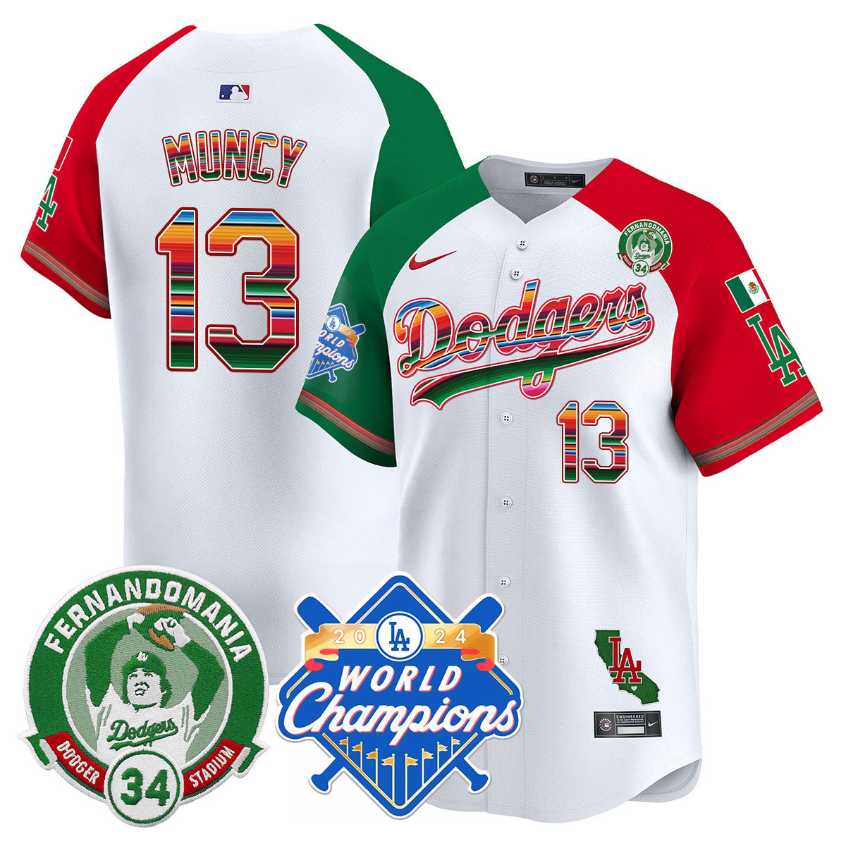 Dodgers Mexico Fernando Memorial & 2024 World Series Champions Patch Jersey - Stitched