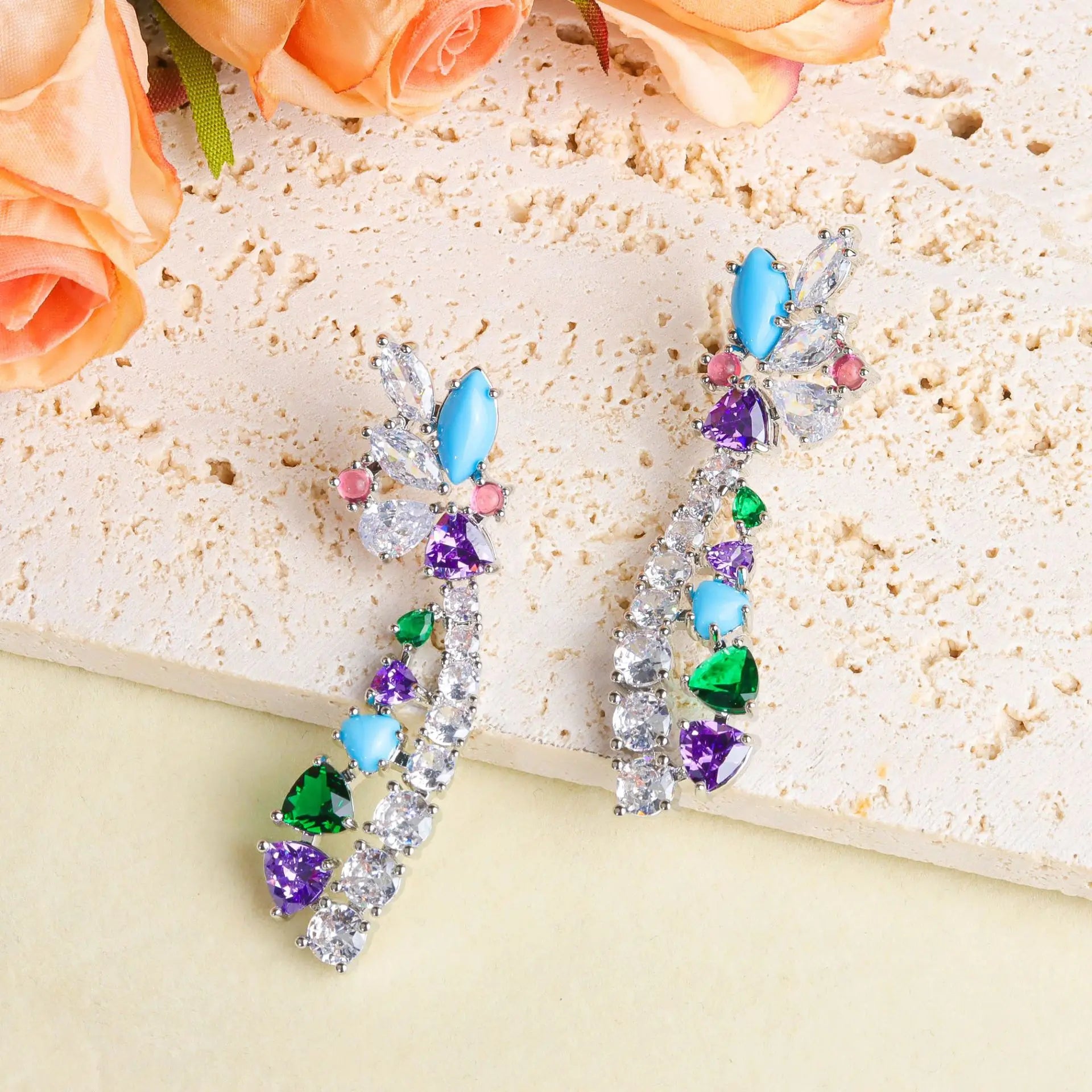 Two Butterflies Earrings, Colorful Zircon Long Dangle Earrings, Vintage Y2K Luxury Jewelry For Women