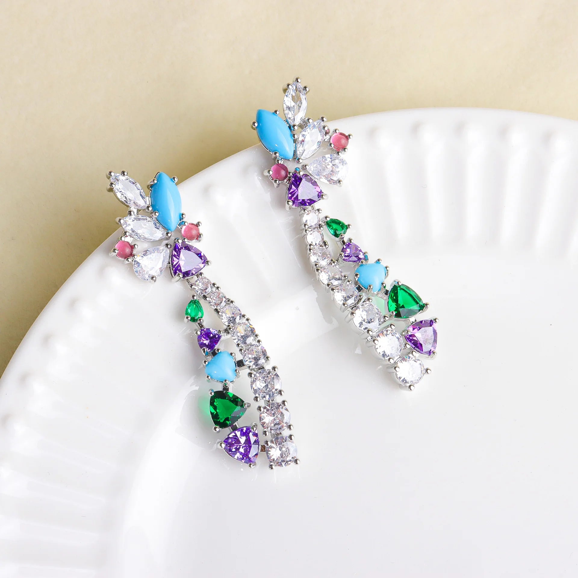 Two Butterflies Earrings, Colorful Zircon Long Dangle Earrings, Vintage Y2K Luxury Jewelry For Women