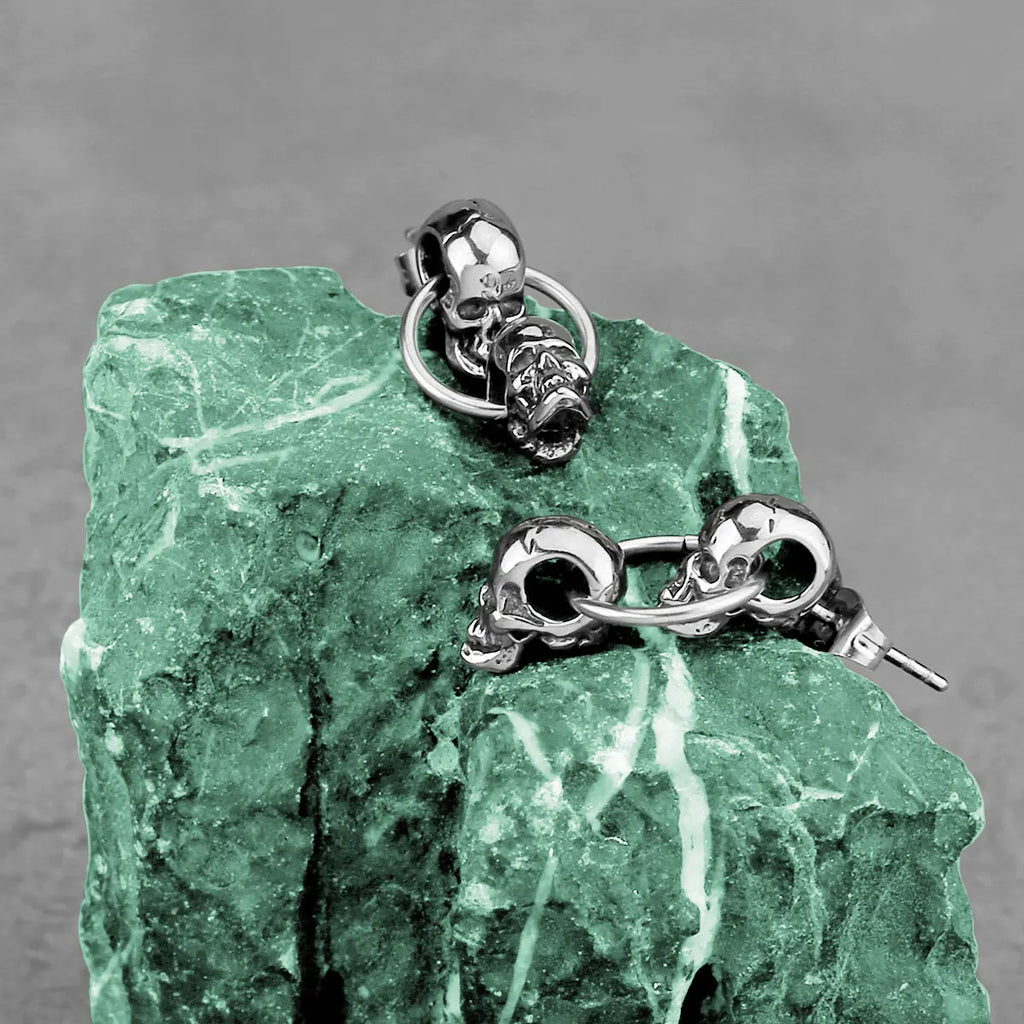 Gothic Double Skull Drop Earrings Men Women Fashion Punk Biker Skeleton Ears Jewelry Party Club Stainless Steel Earrings