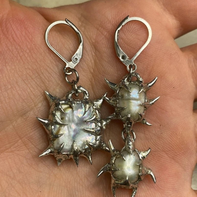 Brutalist Y2k Handmade Spiky Thorns Bubble Claw Free Form Organic Claws Earrings Freshwater Pearls Pearl Soldered