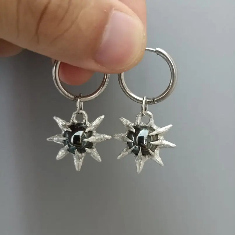 Handmade Brutalist Y2k Stainless Steel Hoop Earrings Soldered Bubble Claw Organic Claws Spiky Thorns Coin Shape Hematite