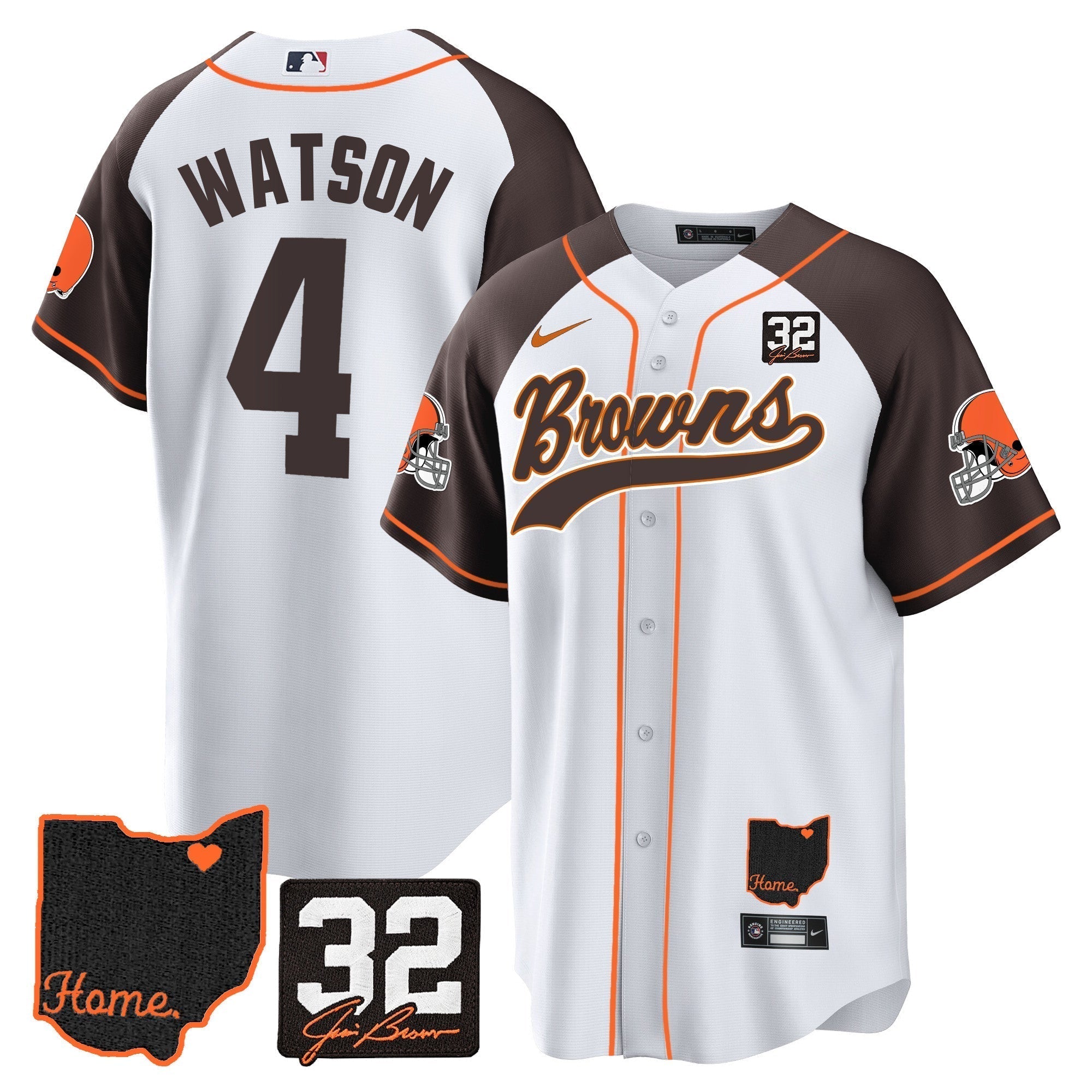 Browns #32 Jim Brown Memorial & Home Patch Baseball Jersey V2 - Stitched