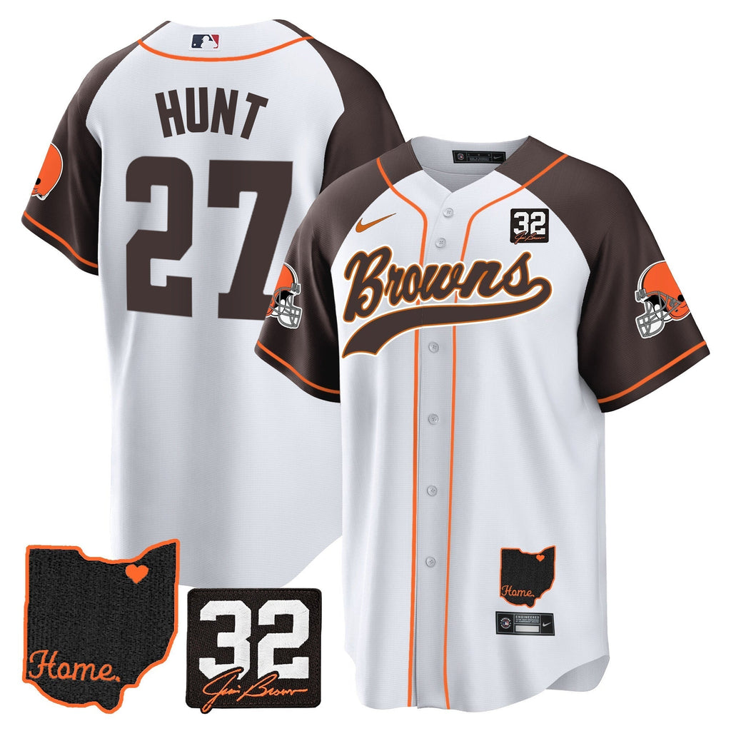 Browns #32 Jim Brown Memorial & Home Patch Baseball Jersey V2 - Stitched