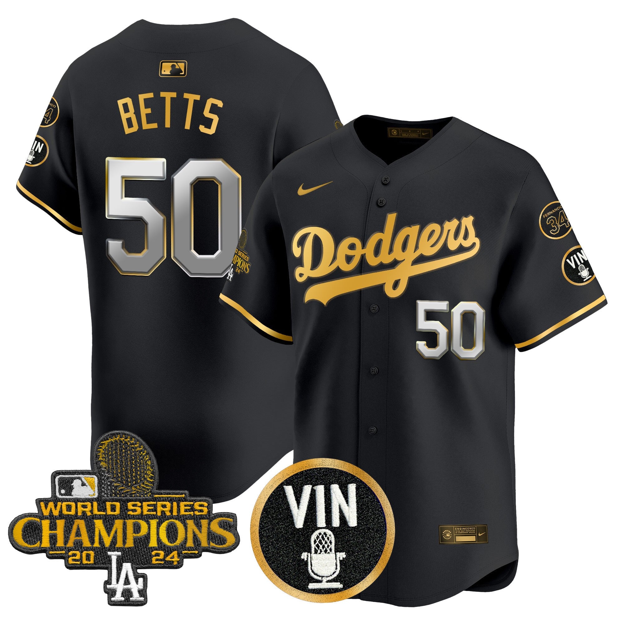 Men's Dodgers 2025 Vin Scully & #34 Fernando Patch Gold Vapor Premier Limited Jersey - All Stitched
